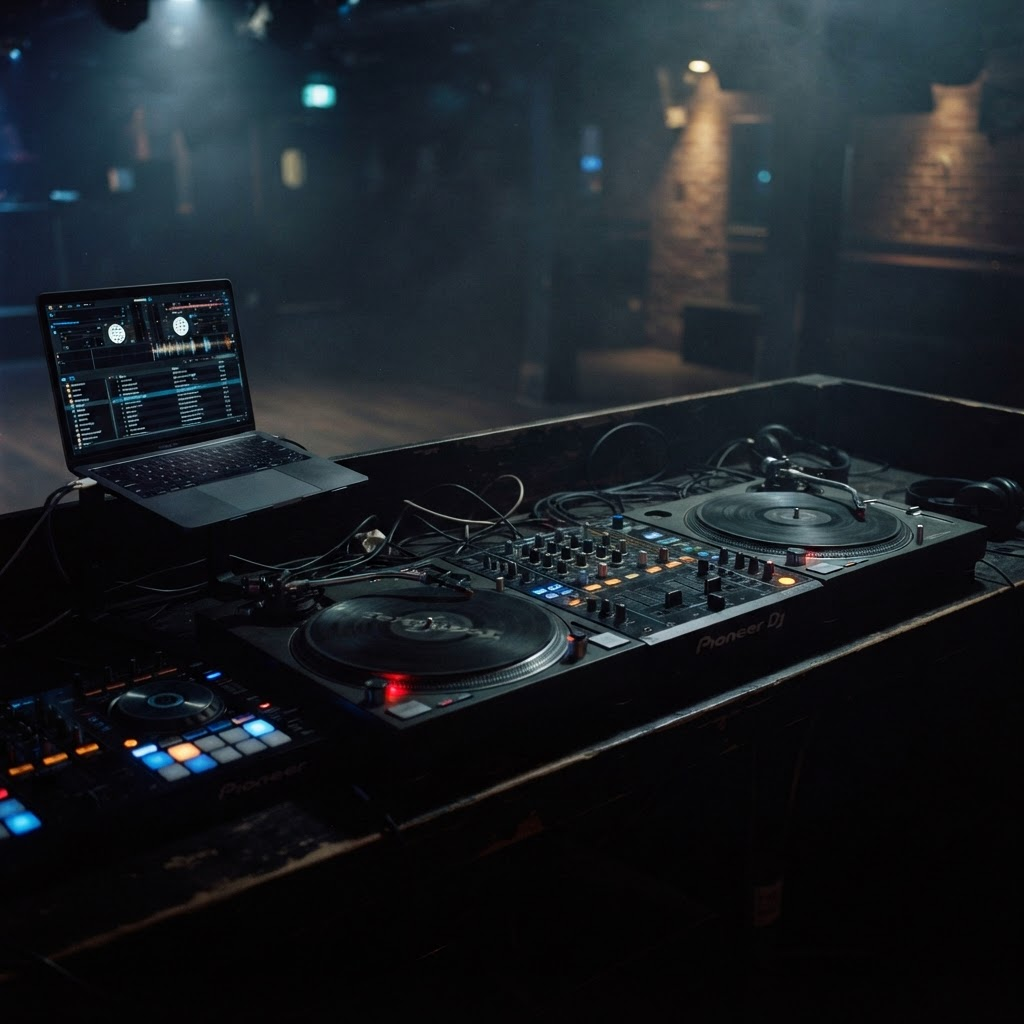 Professional DJ setup with turntables, mixer and laptop glowing in a dark booth