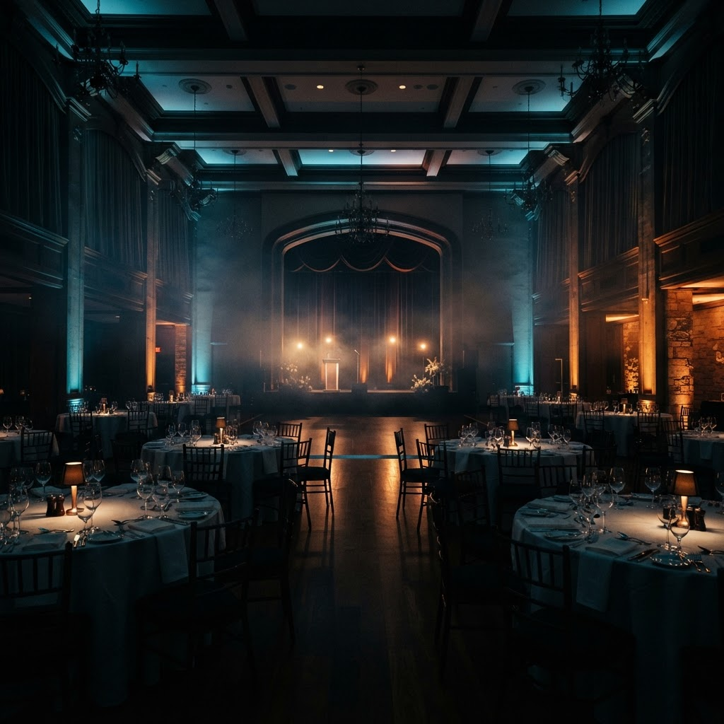 Elegant event venue at night with subtle amber uplighting and blue accents